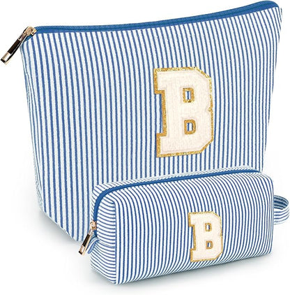 2 PCS Initial Makeup Bags for Women: Cosmetic Bag for Travel Toiletry - Birthday Gifts for 11 12 13 14 15 16 17 18 Years Old Girl Graduation Teacher Gift- Teen Girl Gifts Trendy Stuff - Blue B