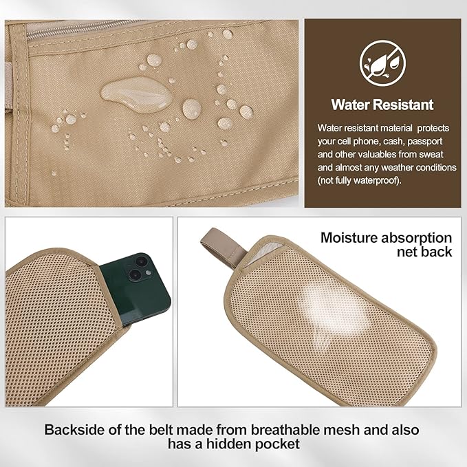 DAITET Money Belt - Passport Holder Secure Hidden Travel Wallet with RFID Blocking, Undercover Fanny Pack (Beige)