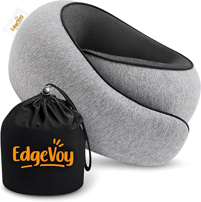 EdgeVoy™ Travel Neck Pillow, Memory Foam Travel Pillow for Airplanes, 360º Ergonomic Design, Asymmetrical Sides, Washable Modal Cover, Ideal for Travel, Car Rides, & Home Use (Gray)