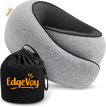EdgeVoy™ Travel Neck Pillow, Memory Foam Travel Pillow for Airplanes, 360º Ergonomic Design, Asymmetrical Sides, Washable Modal Cover, Ideal for Travel, Car Rides, & Home Use (Gray)