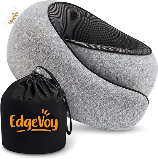 EdgeVoy™ Travel Neck Pillow, Memory Foam Travel Pillow for Airplanes, 360º Ergonomic Design, Asymmetrical Sides, Washable Modal Cover, Ideal for Travel, Car Rides, & Home Use (Gray)