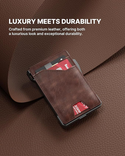 typecase Tactical Wallet for Men Card Holder: Pop Up Card Case, Genuine Leather, Smart, RFID Blocking, Slim, Minimalist, Thin, Front Pocket - 9-13 Card Capacitiy, ID Window, Money Clip (Brown)