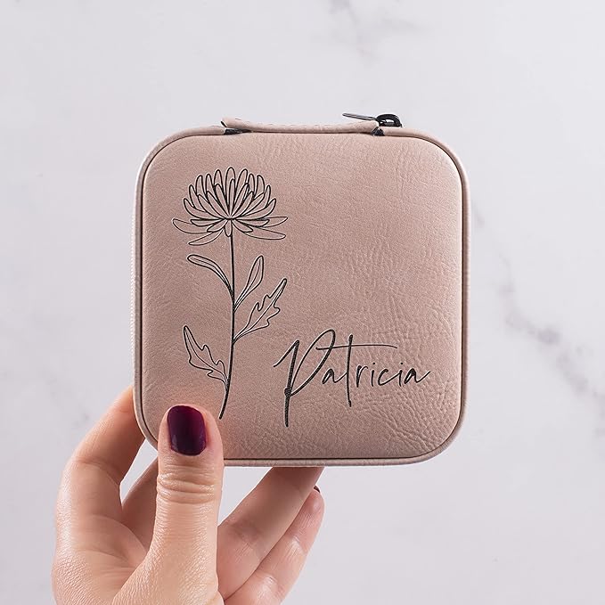 Custom Leather Jewelry Box w/Name & Birth Flower Month - Birthday Gifts for Women, Personalized Jewelry Travel Case - Customized Jewelry Organizer Box, Mom Birthday Gifts - Gray