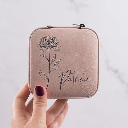 Custom Leather Jewelry Box w/Name & Birth Flower Month - Birthday Gifts for Women, Personalized Jewelry Travel Case - Customized Jewelry Organizer Box, Mom Birthday Gifts - Pink