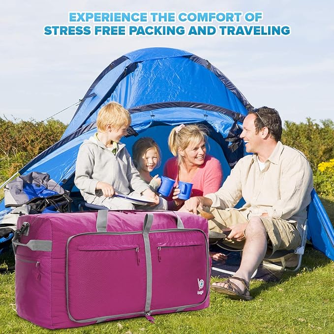 Bago Big XXL Foldable Duffel Bags for Traveling Women & Men - 140L Packable Duffle Bag for Travel with Shoe Compartment - Water Repellant, Heavy Duty, Lightweight Folding & Collapsible (SnowPink)