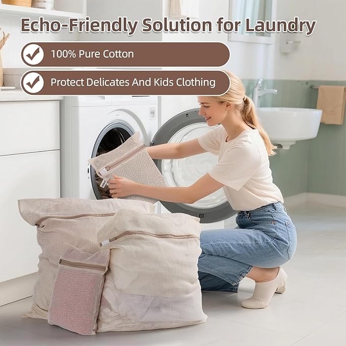100% Cotton Mesh Laundry Bags, Premium Soft, No Dye, Set of 4, Natural