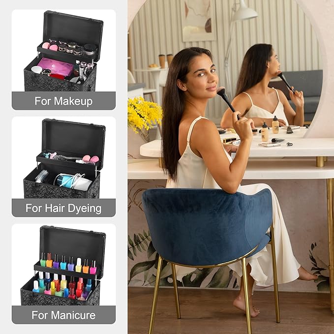 Rolling Makeup Case with Large Drawer, Makeup Train Case with Tray, Cosmetology Case on Wheels, Travel Makeup Case Organizers, Professional for Salon Barber, Nail, Tattoo, Black