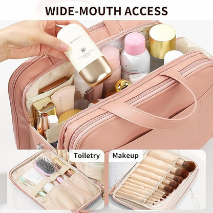 Large Travel Toiletry Bag with Makeup Brush Holder, 25 Pockets, Double Reinforced Handles & Luggage Sleeve, Waterproof PU Leather Cosmetic Organizer (Pink)