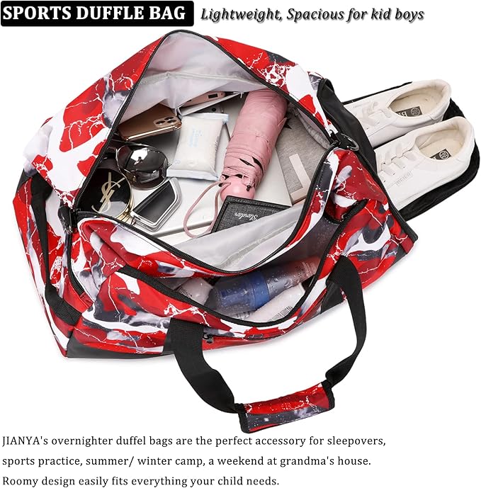 JIANYA Kids Duffle Bag Boys Sports Gym Bag with Shoe Compartment & Wet Pocket, Kids Carry On Weekender Travel Bag, Camo Red