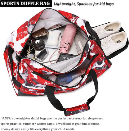 JIANYA Kids Duffle Bag Boys Sports Gym Bag with Shoe Compartment & Wet Pocket, Kids Carry On Weekender Travel Bag, Camo Red