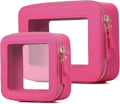 Pinkmik Clear Makeup Bag Waterproof Travel Case for Cosmetics and Toiletries Women's Purse Organizer and Clear Car Bag with Zipper (X/Fuxia, M+MINI)