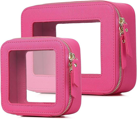 Pinkmik Clear Makeup Bag Waterproof Travel Case for Cosmetics and Toiletries Women's Purse Organizer and Clear Car Bag with Zipper (X/Fuxia, M+MINI)