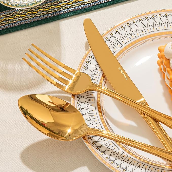 KINGSTONE Gold Silverware Set, 40-piece 18/10 Stainless Steel Flatware Set Cutlery Set for 8, for Kitchen, Home, Wedding, Party, Mirror Polished and Dishwasher Safe, Featured Gifts