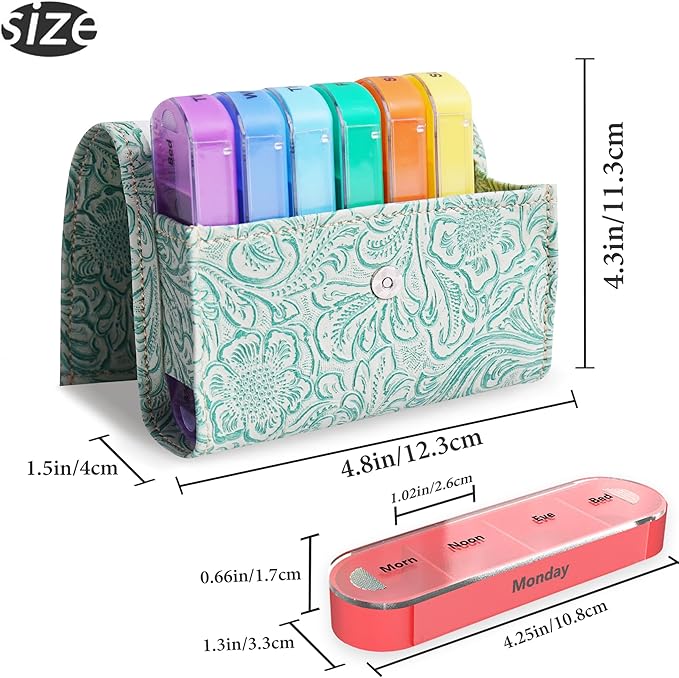 Pill Organizer,LIZIMANDU Weekly Travel Pill Case Box Medication Reminder Daily AM PM, Day Night 7 Compartments,for 4 Times A Day, 7 Days a Week-Includes Leather PU Carrying Case(1-Carved Green2)