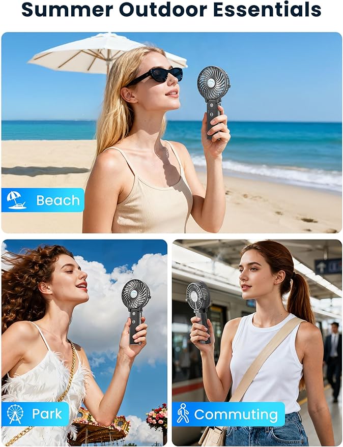 HandFan 5200mAh Portable Handheld Fan, Personal Hand Held Fan USB Rechargeable, 180° Foldable Portable & Detachable Handle Design,3 Speeds Strong Airflow Cooling for Travel/Outdoors/Indoors (Black)