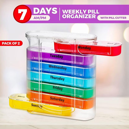Weekly Pill Organizers with Pill Cutter - V-Grip Pill Splitter (Pack of 2) Stackable Pill, Medicine, Vitamin Organizer with 4 Times-a-Day Daily Compartments, 2 Dispensers with Stackable AM/PM Boxes