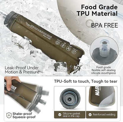 MARCHWAY Soft Hydration Flask with Wide Mouth, 300ml/500ml Collapsible TPU Water Bottle, Leakproof Portable Flexible for Running, Hiking, Cycling, Climbing, Gym, Travel (2pcs Grey 300ml)