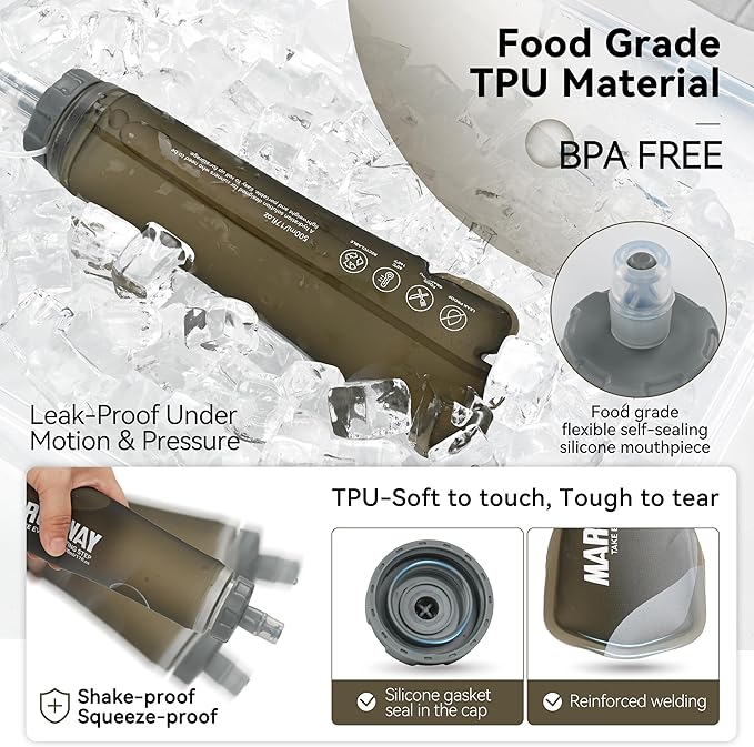 MARCHWAY Soft Hydration Flask with Wide Mouth, 300ml/500ml Collapsible TPU Water Bottle, Leakproof Portable Flexible for Running, Hiking, Cycling, Climbing, Gym, Travel (2pcs Grey 500ml)