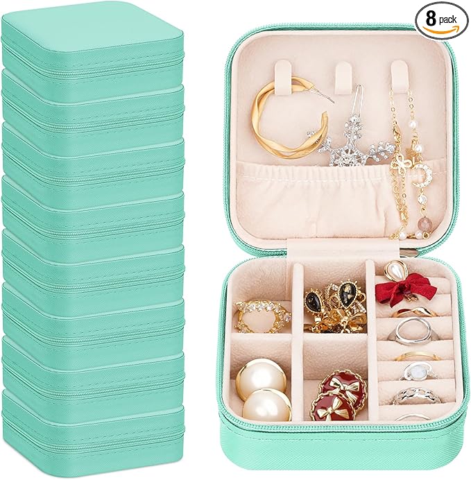 Leezmark 8 Pcs Jewelry Travel Case, Bridesmaid Gifts Set Of 6 & 8, Velvet Jewelry Travel Organizer Small Jewelry Box Bridesmaid Proposal Gifts Box Mini Storage Organizer Storage Box, Aquamarine