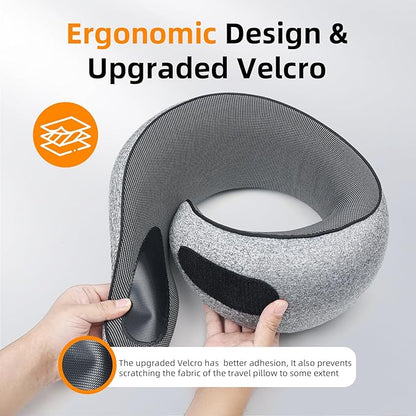 Travel Pillows for Airplanes, 100% Pure Memory Foam Neck Pillow with Alternative Cooling Ice Silk Cover, Ergonomic Support, Washable Cover, Eye Mask, Earplugs, Neck Pillow for Flight Trips