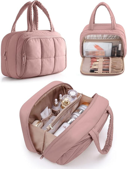 Travel Toiletry Bag for Women with Hanging Hook, Water Resistant Puffy Makeup Organizer with Leak Proof Pockets for Toiletries and Cosmetics - Dark Pink (Bag Only)