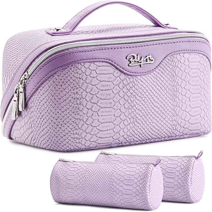 BOYATU Travel Makeup Bags for Women: 3 Pcs Set Wide Open Cosmetic Bag - Portable Make up Bags with Handle - Vegan Leather Toiletry Organizer Bag with Divider (G-01-Purple)