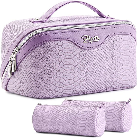 BOYATU Travel Makeup Bags for Women: 3 Pcs Set Wide Open Cosmetic Bag - Portable Make up Bags with Handle - Vegan Leather Toiletry Organizer Bag with Divider (G-01-Purple)