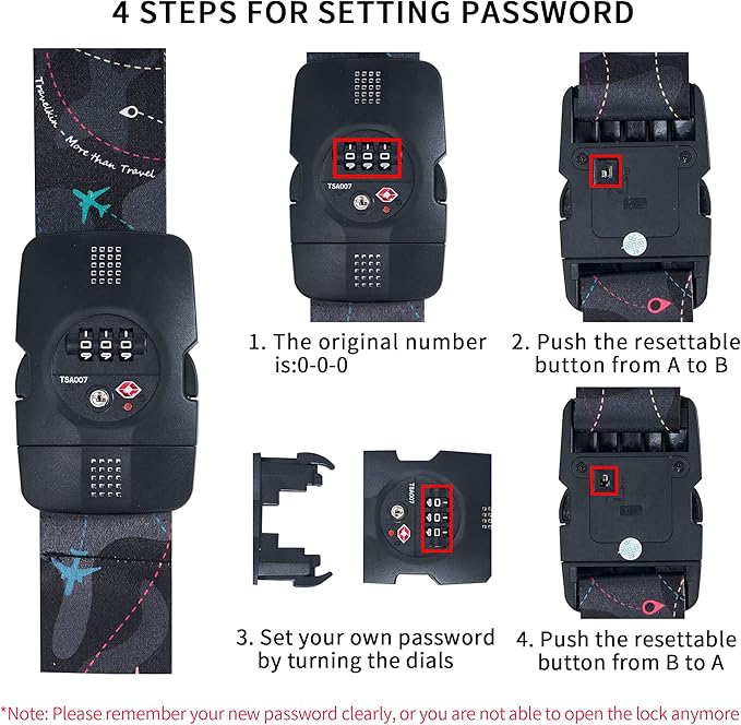 Travelkin Luggage Straps TSA Approved - Adjustable Cross Suitcase Straps with TSA Lock, Reinforced Buckle, Unique Pattern - Secure Heavy Duty Luggage Straps for Travel (Air Line Black)