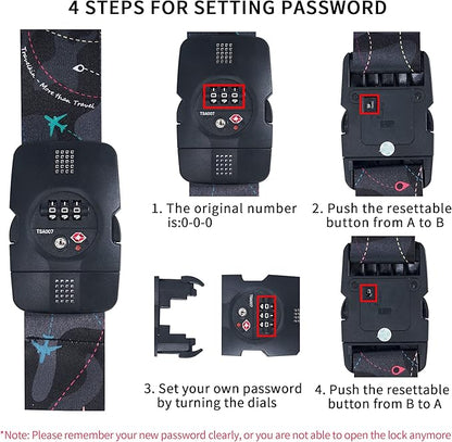 Travelkin Luggage Straps TSA Approved - Adjustable Cross Suitcase Straps with TSA Lock, Reinforced Buckle, Unique Pattern - Secure Heavy Duty Luggage Straps for Travel (Air Line Black)