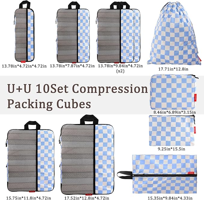 U+U 10 Set Compression Packing Cubes - Ultralight Travel Organizers with Laundry Bag and Cosmetic Bag, Space-Saving Suitcase Organizer for Travel, Business Trip and Family Vacation (Blue Checkered)