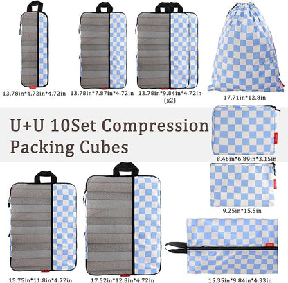 U+U 10 Set Compression Packing Cubes - Ultralight Travel Organizers with Laundry Bag and Cosmetic Bag, Space-Saving Suitcase Organizer for Travel, Business Trip and Family Vacation (Blue Checkered)