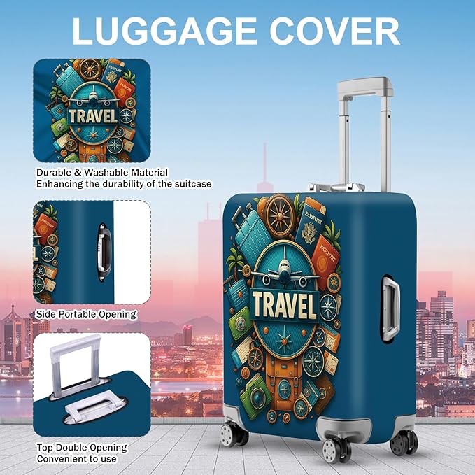 ANNA QUEEN Travel Around the World Luggage Cover, Colorful Landmark Suitcase Protector with Airplane & Globe Design, Stretchable, Washable Travel Sleeve for 20-34 Inch Luggage