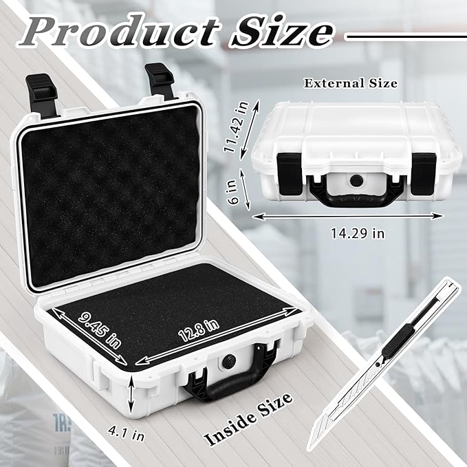 1 Pcs 14.3 x 11.4 x 4.5 Inch Waterproof Hard Case with DIY Customizable Foam Insert Portable Protective Case with Knife for Camera Drones Equipments Tools Test Instruments (White)