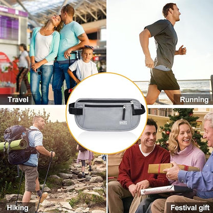 RFID Blocking Money Belt for Men Women, Slim Fanny Pack for Travel，Running,Conceal Waist Wallet for Passport Holder,Phone,Cash(Light Grey)