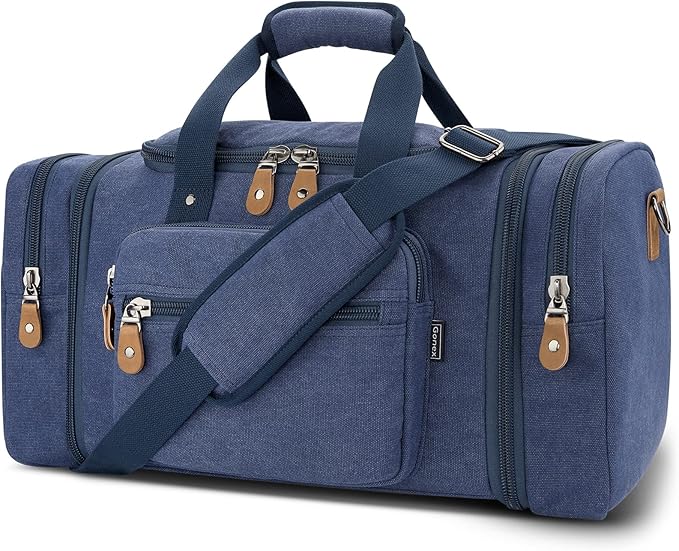 Gonex Canvas Duffle Bag for Travel 60L Expandable Duffel Weekend Overnight Bag men (Blue)