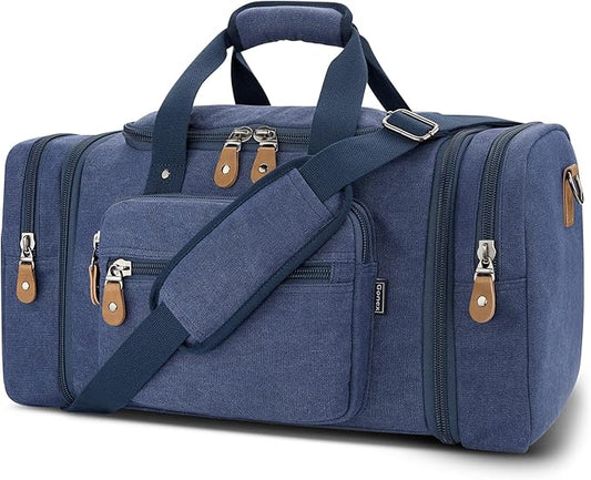 Gonex Canvas Duffle Bag for Travel 60L Expandable Duffel Weekend Overnight Bag men (Blue)