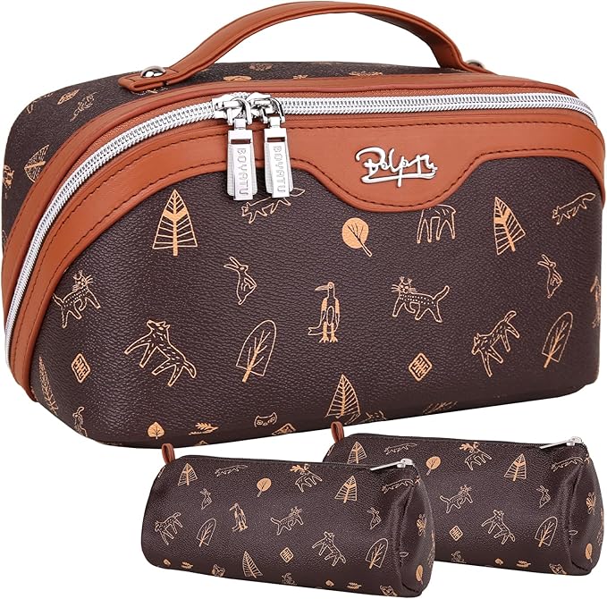 BOYATU Travel Makeup Bag Cosmetic Bags for Women: 3 Pcs Set Portable Make up Bag with Handle - Vegan Leather Toiletry Bags with Compartments - Makeup Organizer for Travel Essentials(L-1-Brown)