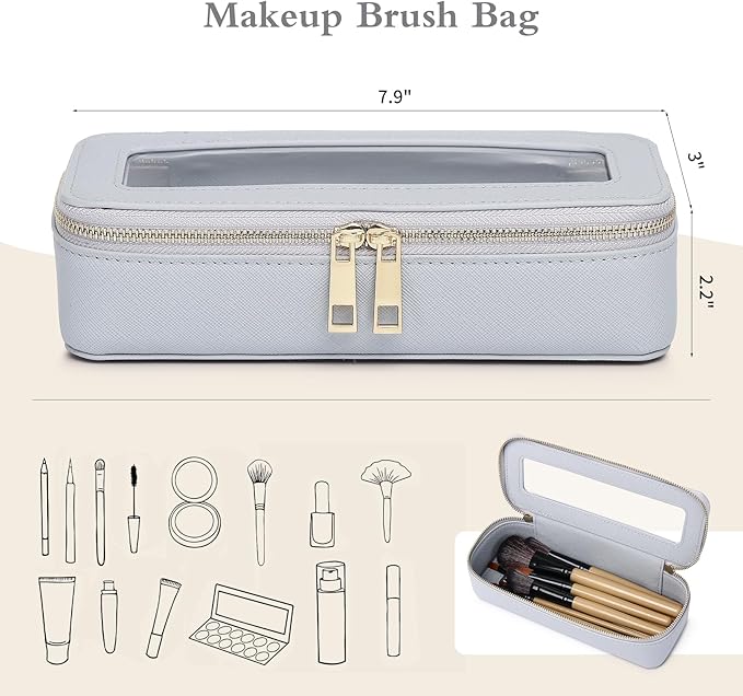 Pinkmik Makeup Brush Case Clear Travel Cosmetic & Toiletry Bag Small Makeup Bag with Zipper Purse Organizer Car Essential Bag for Women (Gray, SLIM)
