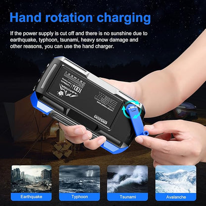 Solar Charger Power Bank 73200mAh, Portable Laptop Charger with 100W USB-C in/Output, Built-in Cables, Hand Crank Power Bank for Mobile Phones, Ideal for Outdoor Use with SOS/Strobe/Strong (blue)