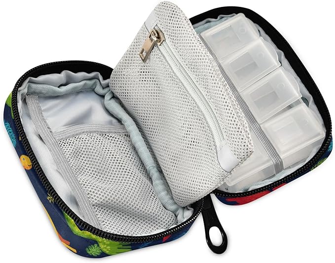 Pill Organizer Box Case Weekly Travel Pill Container Holder 7Day Cute Vitamin Organizer Dispenser Sorter Planner Storage Small Compact Blue Palm Leaves and Dinosaurs13