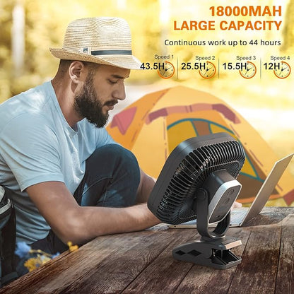 Rechargeable Portable Fan with Light, 8-inch Battery Operated Clip on, 20000mAh 78 Hours Work Time, Quiet, Strong Airflow USB, 4 Speeds Personal, Ideal for Outdoor Camping Hurricane