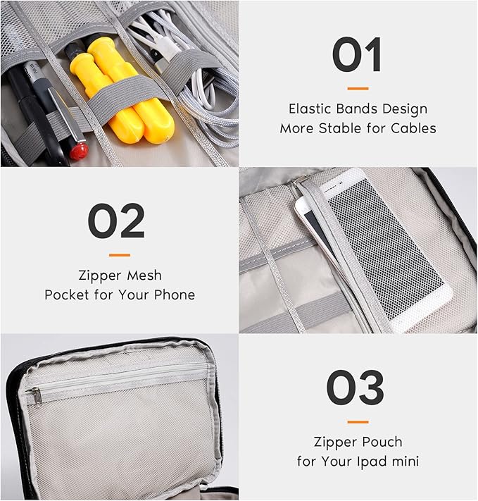 OrgaWise Electronics Organizer, Electronic Accessories Bag Travel Cable Organizer Three-Layer for iPad Mini, Kindle, Hard Drives, Cables, Chargers