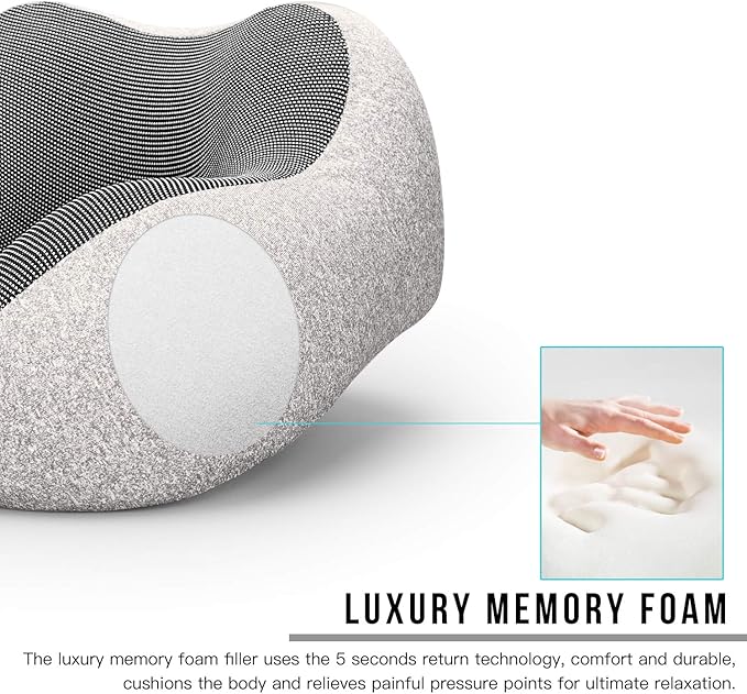 MLVOC Travel Pillow 100% Pure Memory Foam Neck Pillow, Comfortable & Breathable Cover, Machine Washable, Airplane Travel Kit with 3D Sleep Mask, Earplugs, and Luxury Bag,Standard (Grey)