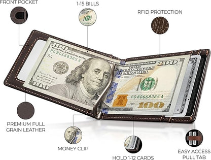 Kingly Cash Clip Slim Leather Wallet for Men with RFID Blocking & Money Clip - Minimalist Front Pocket Bifold Wallet Holds 12 Cards - Secure Card Holder with Easy Access Pull Tab