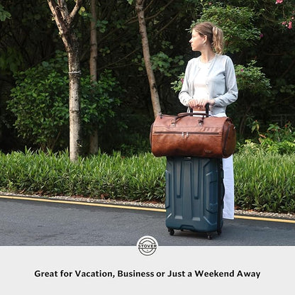 STOVER Garment Travel Duffle Bag, Large 2-in-1 Convertible Carry-on Luggage for Men & Women- Hanging Suits, Dresses & Clothes + Shoe Compartment- Weekender Tote Combo Duffel (Brown Leatherette)