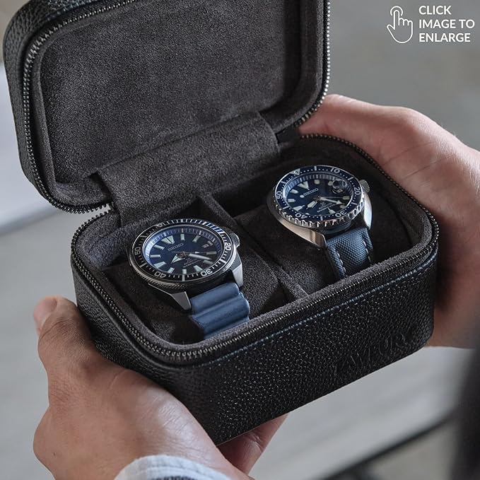 TAWBURY Watch Case - 2 Slot Watch Box for Men & Women with Genuine Top-Grain Leather Exterior, Metal Zipper and Extra Wide Pillows for Large Watches (Black)