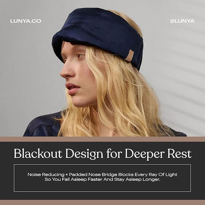 Lunya Sleep Mask with Box - Washable Silk Sleeping Mask and Headband for Beauty Routines - Thermoregulating Comfort for Restful Nights - Silk Eye Mask for Women - Large - Deep Blue