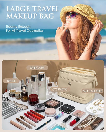 Gifts for Her - Initial Large Makeup Bags, Personalized Double Layer Cosmetic Bags with Makeup Brush Organizer, Waterproof PU Leather Travel Toiletry Bags for Wedding & Bridesmaid Gifts