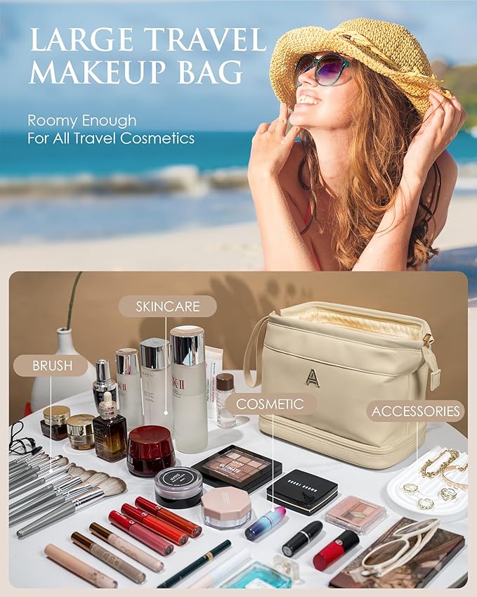 Initial Large Makeup Bag, Gift for Women Personalized Double Layer Cosmetic Bag with Makeup Brush Organizer, Teacher Gift, Large Capacity PU Leather Travel Toiletry Bag Graduation Gift
