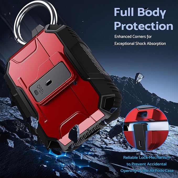 DASFOND Armor Earphone Cover Case for Airpods Pro 2, Military Grade Full Body Shockproof Protection Hard Case, Support Wireless Charging with Keychain, Magnetic Lid, Front LED Visible, Red